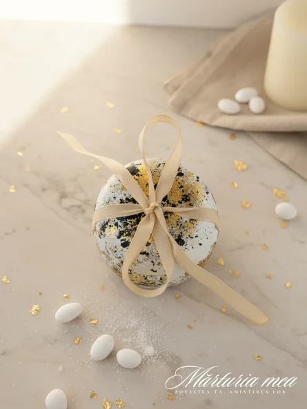 marturii nunta lumanare macaron ceramic alb cu foita de aur si detalii negre, asezata langa bomboane