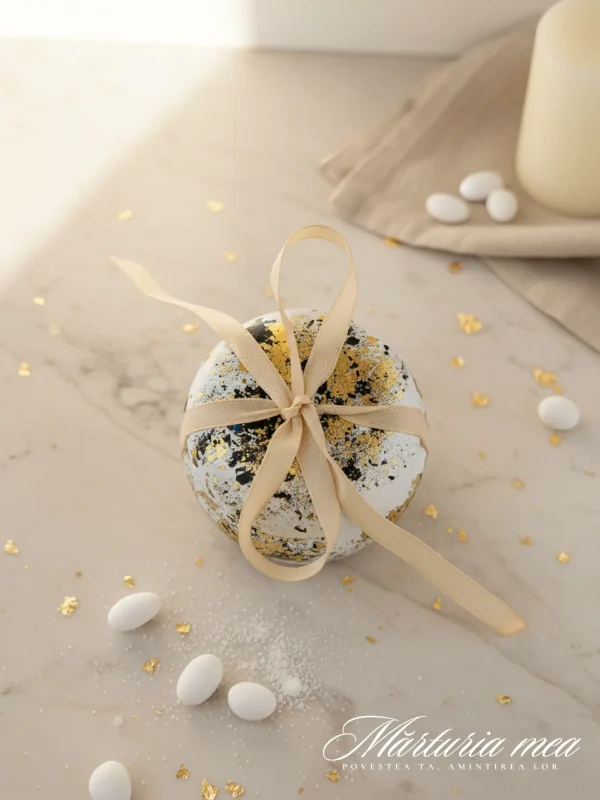marturii nunta lumanare macaron ceramic alb cu foita de aur si detalii negre, asezata langa bomboane