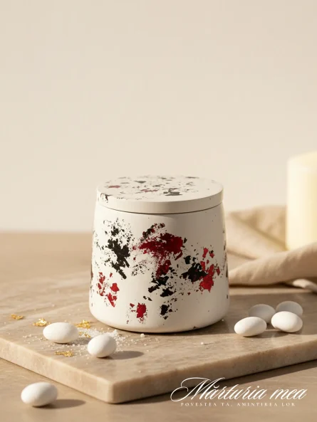 marturii nunta lumanare in recipient ceramic alb cu stropi rosii si negri asezata pe marmura langa migdale glazurate