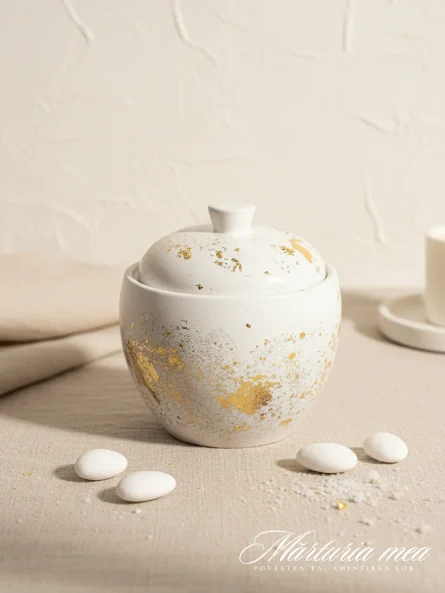 Mărturie lumânare recipient ceramic alb cu capac și decorațiuni în foiță aurie, alături de bomboane albe, ideală pentru nuntă sau botez