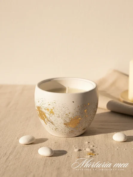 Mărturie lumânare recipient ceramic alb cu capac și decorațiuni în foiță aurie, alături de bomboane albe, ideală pentru nuntă sau botez