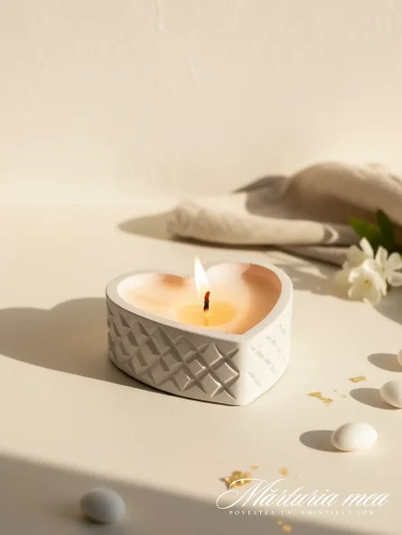 Mărturie lumânare recipient ceramic gri deschis în formă de inimă, cu textură geometrică și capac, potrivită pentru nuntă sau botez