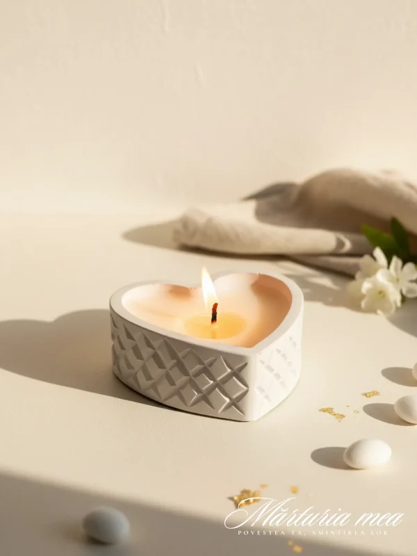 marturie-lumanare-recipient-ceramic-forma-de-inima-1 Mărturie lumânare recipient ceramic gri deschis în formă de inimă, cu textură geometrică și capac, potrivită pentru nuntă sau botez