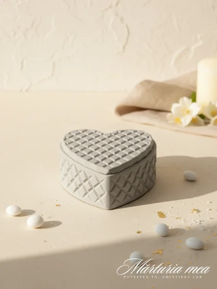 Mărturie lumânare recipient ceramic gri deschis în formă de inimă, cu textură geometrică și capac, potrivită pentru nuntă sau botez