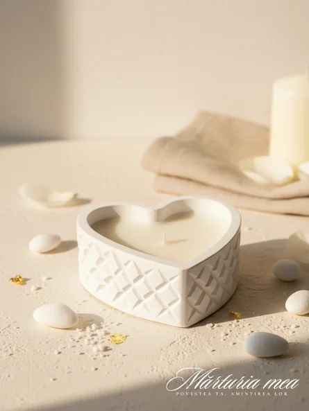 Mărturie lumânare recipient ceramic gri deschis în formă de inimă, cu textură geometrică și capac, potrivită pentru nuntă sau botez