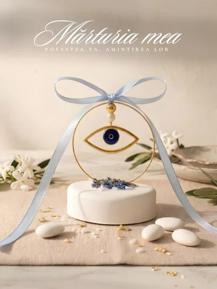 marturie simbol ochi auriu si albastru proeminent pe baza rotunda inalta alba cu pietricele decorative si fundita bleu