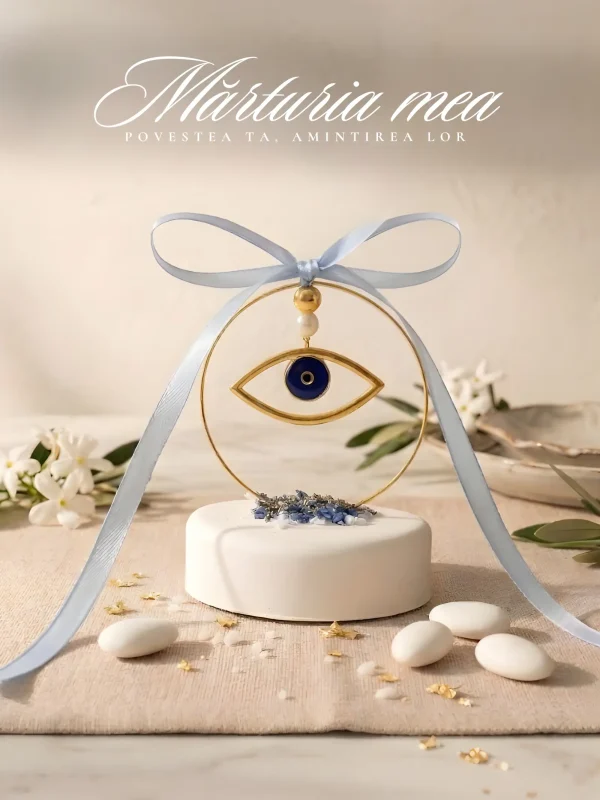 marturie simbol ochi auriu si albastru proeminent pe baza rotunda inalta alba cu pietricele decorative si fundita bleu