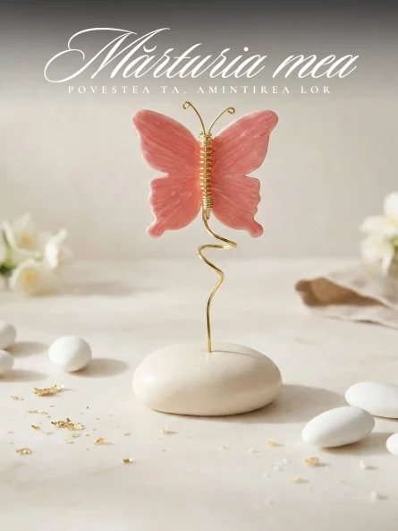 Marturie botez fetita fluture roz ceramic pe suport spiralat auriu si baza de piatra alba asezat pe masa festiva.