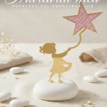 Marturie botez fetita silueta metalica aurie tinand o stea roz pe suport de piatra alba decorativa