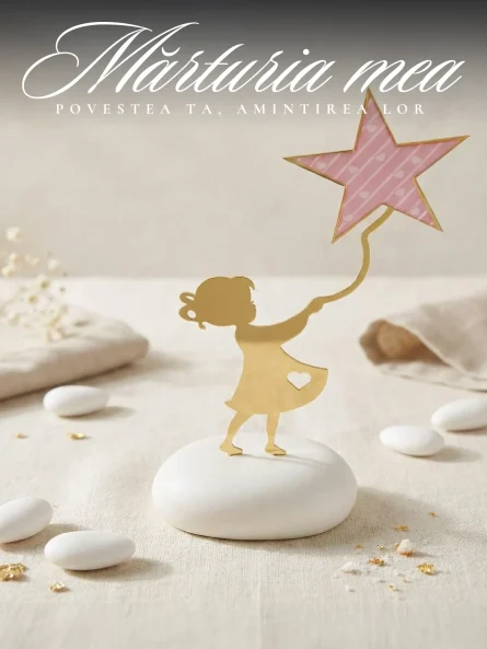 Marturie botez fetita silueta metalica aurie tinand o stea roz pe suport de piatra alba decorativa