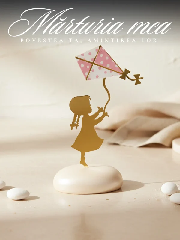 Marturie botez fetita zmeu figurina metalica aurie pe baza de piatra alba pentru invitati la masa festiva.