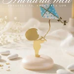 Marturie metalica botez baiat zmeu auriu cu buline albastre așezată pe o masă festivă elegantă.