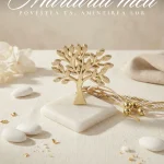 Marturii nunta deosebite model copacul vietii auriu pe baza din piatra naturala alba.