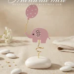 Marturii botez fetita figurina decorativa elefantel roz cu balon pe spirala aurie si baza alba