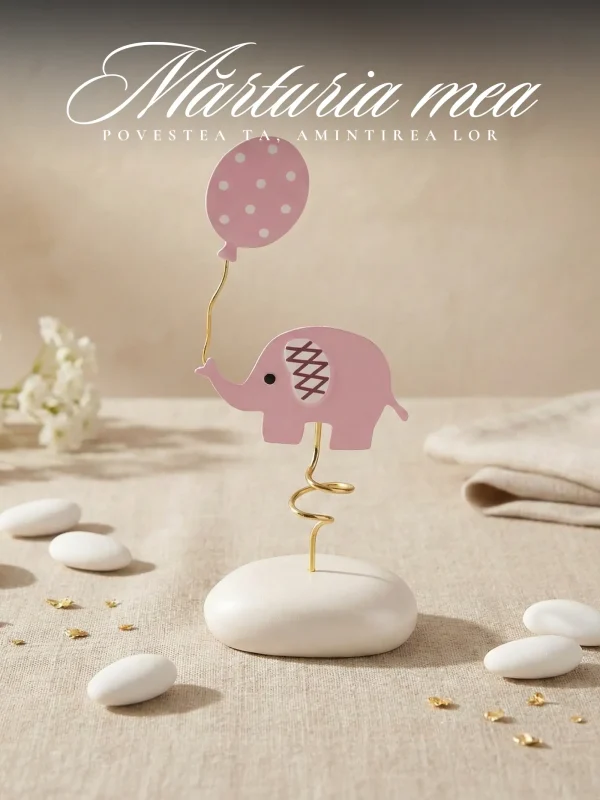 marturii-botez-fetita-figurina-elefant-roz Marturii botez fetita figurina decorativa elefantel roz cu balon pe spirala aurie si baza alba