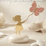 Marturii botez fluture reprezentand o silueta de fetita aurie tinand un fluture roz pe baza de piatra alba.