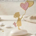 Marturii botez ursulet figurina metalica aurie fetita cu baloane inima roz pe baza alba