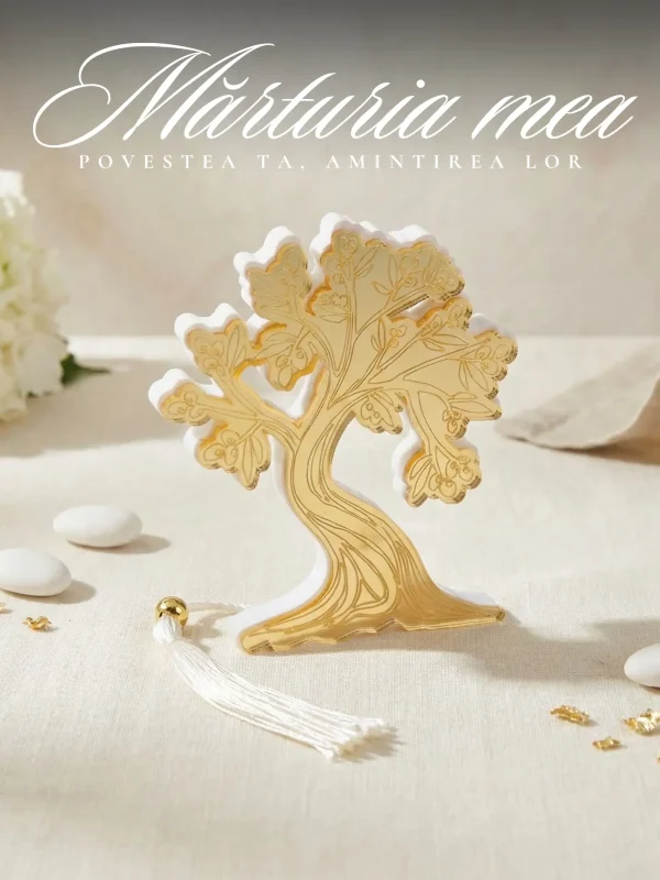 Marturii nunta forma arborele vietii design auriu cu alb si ciucure decorativ pe masa eleganta.