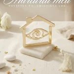 Marturii nunta elegante forma casa aurie cu ochi protector montata pe baza alba de piatra langa migdale glazurate.