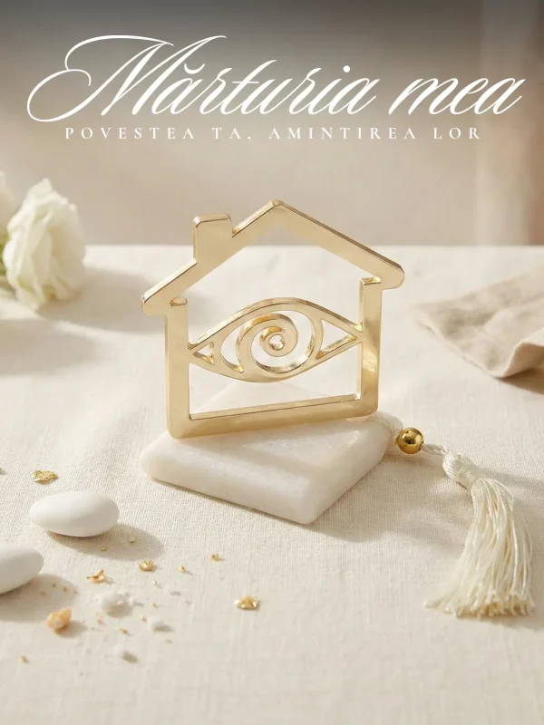 Marturii nunta elegante forma casa aurie cu ochi protector montata pe baza alba de piatra langa migdale glazurate.