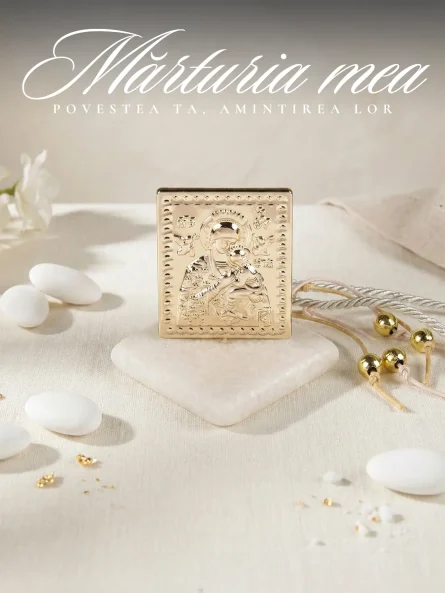 Marturii nunta elegante icoana aurita metalica Fecioara Maria cu Pruncul asezata pe suport decorativ