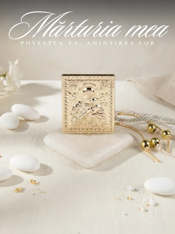 Marturii nunta elegante icoana aurita metalica Fecioara Maria cu Pruncul asezata pe suport decorativ