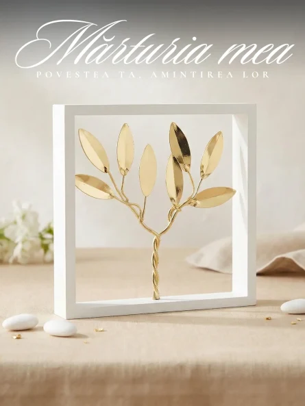 Marturii nunta maslin auriu stilizat incadrat in rama alba patrata asezat pe masa festiva.
