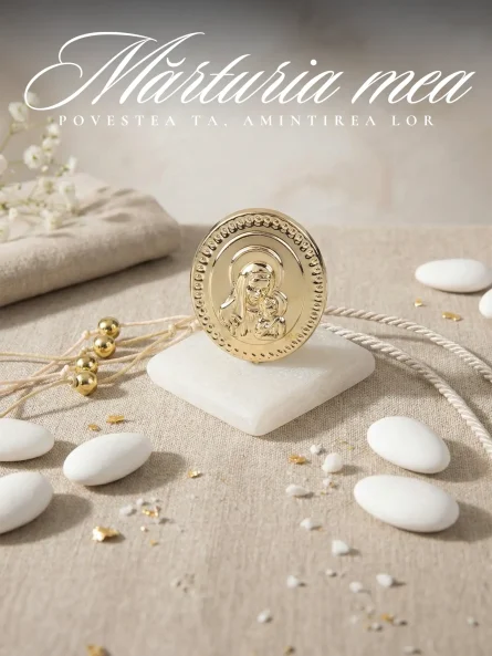 Marturii nunta religioase cu statueta aurie Fecioara Maria pe suport de piatra alba naturala asezate pe masa festiva