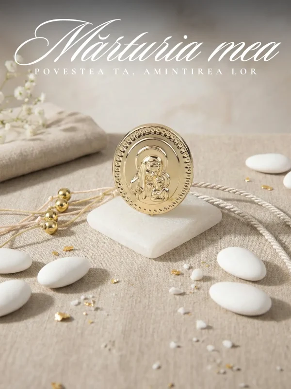 Marturii nunta religioase cu statueta aurie Fecioara Maria pe suport de piatra alba naturala asezate pe masa festiva