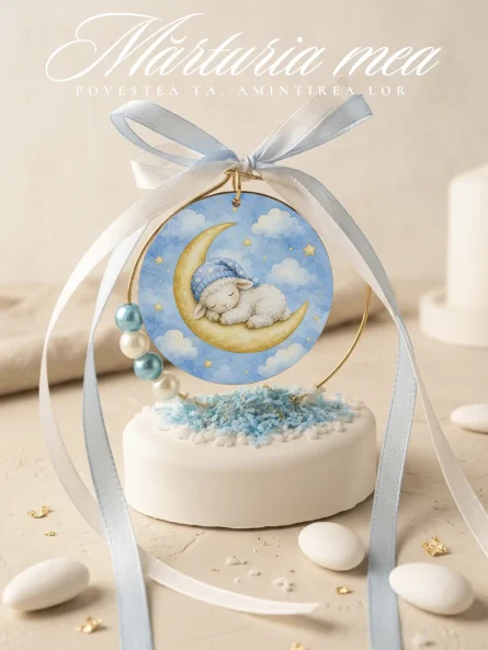 marturie botez baietel mielusel somnoros pe luna cu baza ceramica si fundite albastre