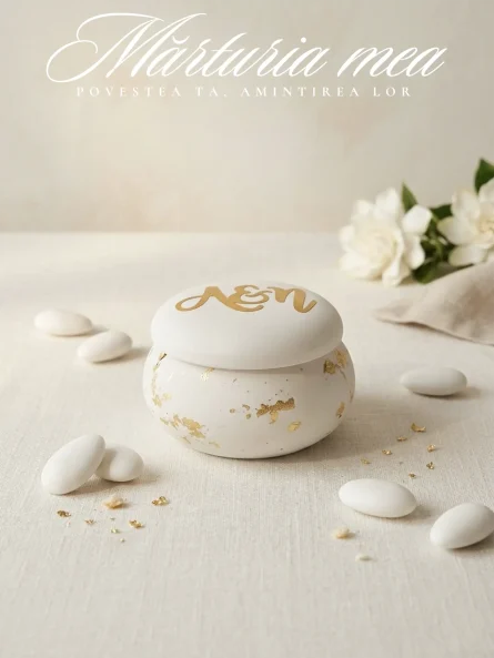 Cutiuță elegantă pentru mărturii în formă de macaron alb, închisă, personalizată pe capac cu inițiale aurii, așezată pe un fundal luminos alături de bomboane albe glazurate.