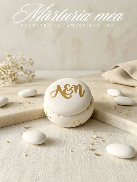 Cutiuță elegantă pentru mărturii în formă de macaron alb, închisă, personalizată pe capac cu inițiale aurii, așezată pe un fundal luminos alături de bomboane albe glazurate.