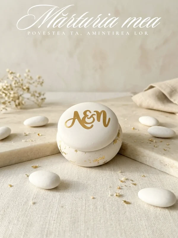 Cutiuță elegantă pentru mărturii în formă de macaron alb, închisă, personalizată pe capac cu inițiale aurii, așezată pe un fundal luminos alături de bomboane albe glazurate.
